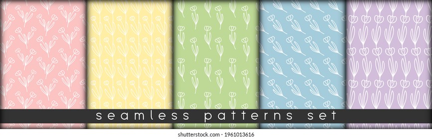 combinable seamless patterns set delicate pastel colors. botanical floral hand drawn lineart elements dots spots. design for packaging wrapping fabric textile