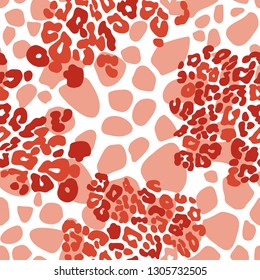 Combination of animal skin, cheetah and giraffe, seamless vector pattern in shades of coral colour on white background.
