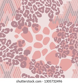 Combination of animal skin, snake , cheetah and giraffe, seamless vector pattern in pale rose shades. 