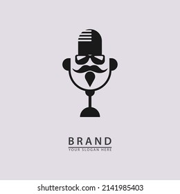 a combination of a beard face and a podcast mic icon logo. simple flat vector illustration.