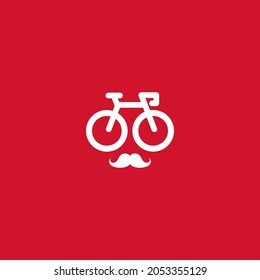 combination bicycle logo with mustache, in white on a red background
