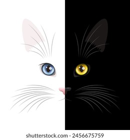 Combination of black cat face and white cat face with bright colored eyes and big vibrissae, creative design with cute pets