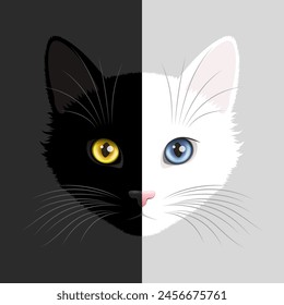 Combination of black cat face and white cat face with bright colored eyes and big vibrissae, creative design with cute pets