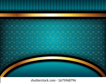Diseño del fondo azul combinado y del elemento de forma dorada. Fondo geométrico moderno con un patrón de formas de cuadro de línea. Forma de semicírculo en la parte inferior.