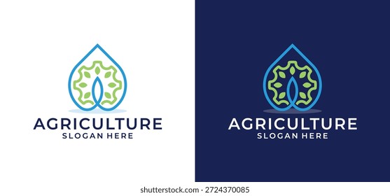 Kombination aus blauen und grünen Blättern, die ein modernes Agrarlogo bilden, das eine Mischung aus Anbautechniken zeigt. Geeignet für die Landwirtschaft Branding.