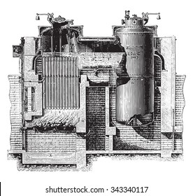 Combination boiler, Dulac system, vintage engraved illustration. Industrial encyclopedia E.-O. Lami - 1875.