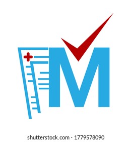 combination of book and letter M for clinical record medical report logo vector graphic design