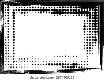 Combination of brush strokes and halftone effect in a grunge style frame. Abstract textured retro design perfect for cards, posters, or digital compositions, web banners and book cover.