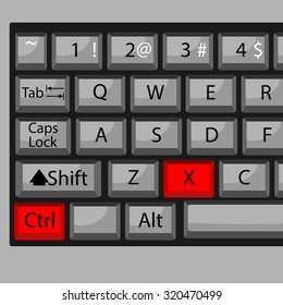 Combination of buttons to cut. Keyboard  X, combination key, fast  and quickly command. Vector graphic illustration