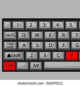 Combination of buttons to paste. Keyboard  V, combination key, fast  and quickly command. Vector graphic illustration