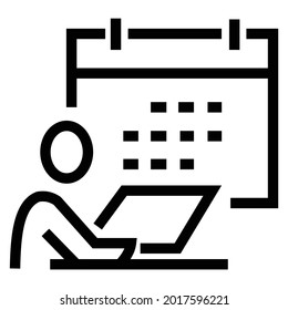 Combination Of Calendar Icon And Person Looking At Monitor, Line Drawing Style, Black And White Color.