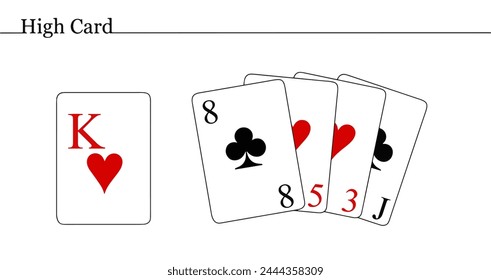 Combination of cards in poker High card. A combination of five cards with one of the highest rank. Isolated vector on white background.