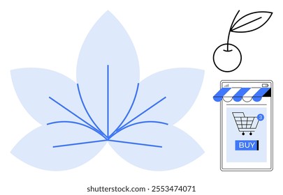 Combination of a cherry icon and a blue flower with a smartphone displaying a shopping app and a buy button. Simplistic style. Ideal for e-commerce, digital marketing, nature themes, botanical art