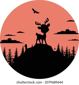 una combinación de un círculo con un ciervo que vive en la parte superior de una montaña Vector Graphics