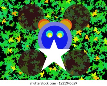 The combination of the circle and the star forms a cartoon character, like a bear standing in the center, with green leaves in the background