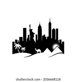 combination of city skyline and the desert logo design west east culture vector illustrations