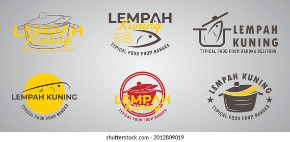 Una combinación de una colección de plantillas del logo de limón amarillo, comida típica de Bangka Belitung, sopa de pescado con salsa amarilla y piña dan