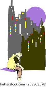 combinação de cor e esboço de menina olhando para baixo . Adequado para esboços, capas de livros, cartazes, quadro de arte, t-shirt. etc ilustração gráfica vetorial.