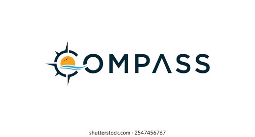 Combination of compass, sea, sunset typography logo