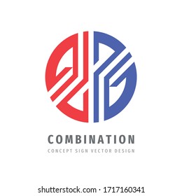 Diseño de plantilla de logotipo de concepto de combinación. Unión, cooperación, comunicación, alianza, conexión, integración signo creativo. Formas de círculo y rayas. Icono de tecnología de red. Ilustración vectorial. 