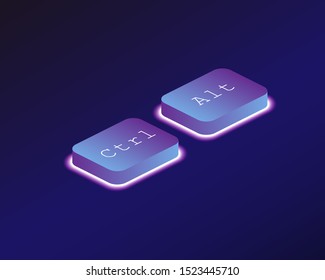 Combination Ctrl and Alt. Covered with a neon backlit keyboard button. Software development concept. Vector illustration.