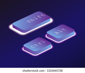 Combination, Ctrl, Alt, shift. Covered with a neon backlit keyboard button. Software development concept. Vector illustration.