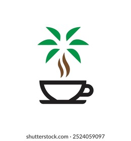 Combinación de una taza de café caliente y un Vector con el logo de un árbol de coco