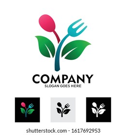 combinación de logotipos de cubertería y hoja. logo de la cuchara y de la planta de tenedor, símbolo de comida saludable. logo del icono del restaurante vegano