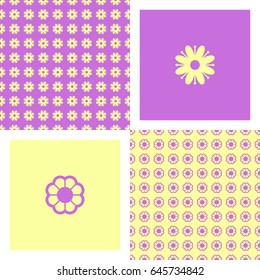 The combination of different kind modern stylish flower seamless patterns and isolated floral elements in yellow and purple colors