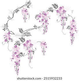 Combination of different wisteria flower bunches and leaves