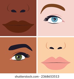 Combination of eyes and lips on different skin tone, diversity concept.