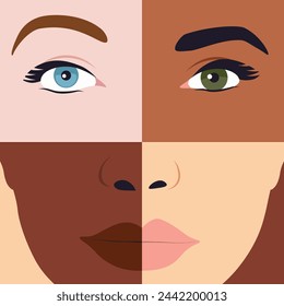 Combinación de ojos y labios en diferentes tonos de piel, concepto de diversidad.