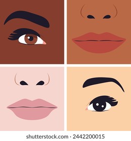 Combinación de ojos y labios en diferentes tonos de piel, concepto de diversidad.