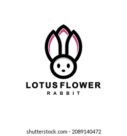 Combinación de loto de flores y conejo con estilo de arte de línea en fondo blanco , diseño del logo del vector de plantilla editable