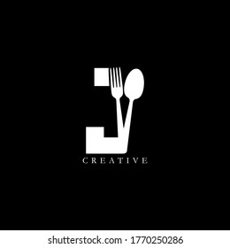 Combination fork and spoon flat J letter logo design. Vector EPS10