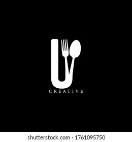 Combination fork and spoon flat U letter logo design. Vector EPS10