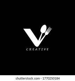 Combination fork and spoon flat V letter logo design. Vector EPS10