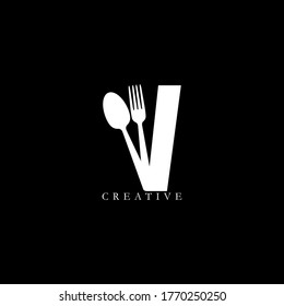 Combination fork and spoon flat V letter logo design. Vector EPS10