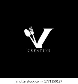 Combination fork and spoon flat V letter logo design. Vector EPS10