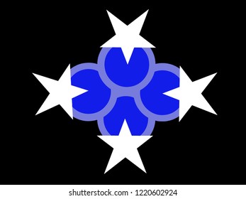 The combination of four circles and four stars. At the center of the image. The background is black.