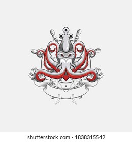 a combination of four elements, namely an octopus, a ship's steering wheel, ribbons and arrows, into one logo inspiration