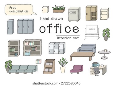 Conjunto de ilustração interior do escritório de desenho da linha livre da combinação