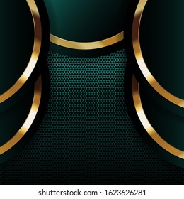 Combination of green and black background with gold lines forming five cool circle patterns. Creative vector shapes design