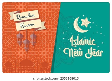 A combination of Happy Islamic New Year and Ramadan Kareem greetings. Decorated with traditional lanterns, crescent moons, and stars. Happy New Hijri Year concept. Flat vector illustration.