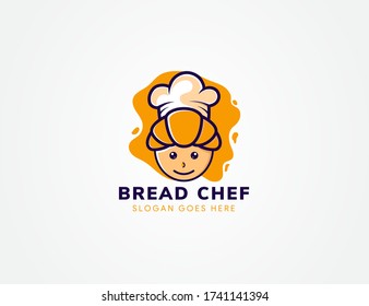 The combination of head kids, bread and hat of chef object. Kids Chef logo design template. 
