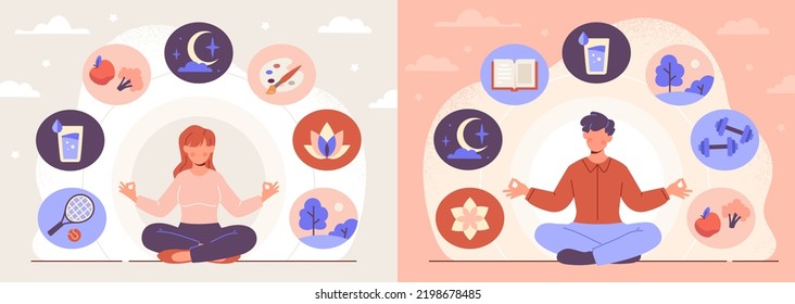 Combination of healthy habits for wellbeing. Man and woman with mental calmness sit in lotus position. Daily rituals, sports, sleep, nutrition and walks. Happy lifestyle. Cartoon flat vector set - Shutterstock ID 2198678485