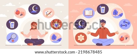 Combination of healthy habits for wellbeing. Man and woman with mental calmness sit in lotus position. Daily rituals, sports, sleep, nutrition and walks. Happy lifestyle. Cartoon flat vector set