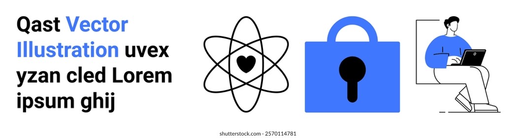 Combination of a heart within an atomic structure, a blue padlock, and a person using a laptop. Ideal for technology, digital security, science, online privacy, and modern workspace. Banner