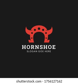 The combination of horseshoe and horn with hole element design use red on object and white on text. horn shoe logo design template.  