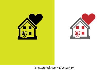 a combination of house, love and shield. form a stay at home logo. love your house. take shelter at home.